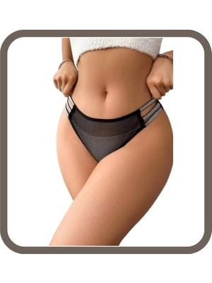 Zarvia Sim Şerit Detaylı Fileli Standart Beden Tanga Siyah