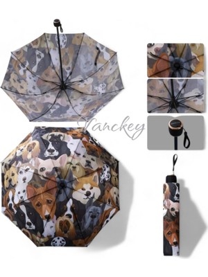PremiumPort Renkli Köpek Desenli 8 Telli Manuel Rüzgar Siperli Şemsiye