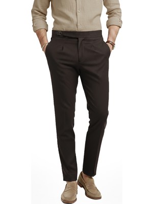 Deepsea Erkek Kahve Likralı Italyan Kesim Pileli Kemer Tokalı Şık Kumaş Pantolon 2601020