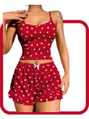 Zarvia Kalp Desenli Şort Crop Pijama Takımı Pamuk Kırmızı