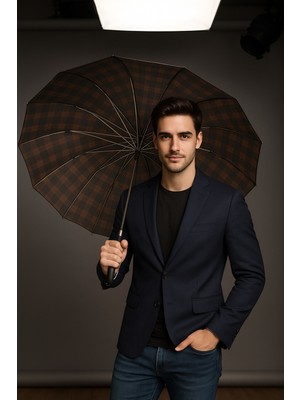 PremiumPort Ekose Desenli Kauçuk Bastonlu Rüzgar Dayanıklı 12 Telli Premium Şemsiye