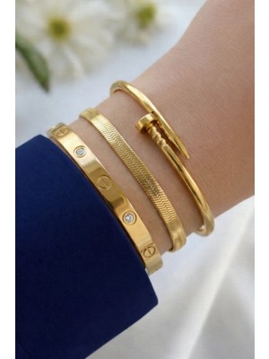 Normadia Gold Renk 3'lü Çelik Kadın Bileklik Seti, Şık ve Zarif Tasarım