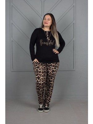 Truva Xxl Alt Leopar Desenli Üst 3 Düğmeli Yumuşacık Likralı Viskon Pijama Takımı