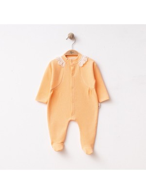 Bebeva Baby Kız Bebek %100 Pamuklu Fisto Dantel Yaka Detaylı Kendinden Dokulu Uzun Kollu Tekli Tulum