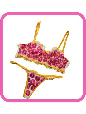 Zarvia Papatya Desenlitransparan Tül Balenli Sütyen Tanga Iç Çamaşır Takımı Sarı