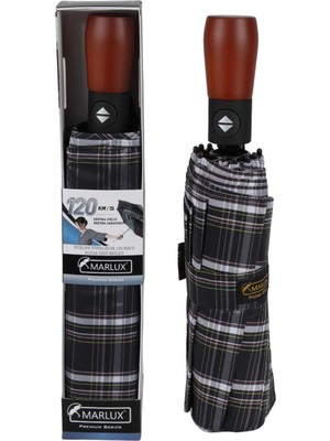 PremiumPort Rüzgar Şemsiyesi, Ahşap Sap, Fiber Tel, Lacivert, Otomatik, Güçlendirilmiş