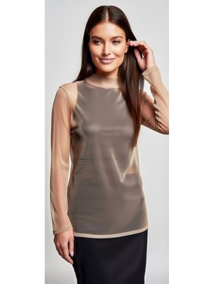 Moda Nur Modanur Ten Rengi , Likralı ,transparan Tül Bluz. S Beden