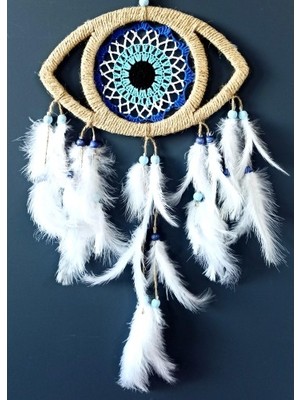 Göz Model Nazar Boncuğu Motifli Kuş Tüylü El Yapımı Düş Kapanı Duvar Dekoru