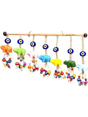 Seramik Yedi Adet Filli Nazar Boncuklu Rengarenk Tahta Boncuklu Kapı, Duvar ve Bahçe Süsü