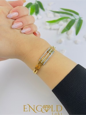 Normadia 3'lü Taşlı Kadın Çelik Kelepçe Bileklik Seti