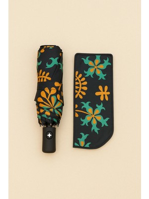 PremiumPort Desenli Siyah Kadın Şemsiye, Otomatik Açma ve Kapama, Fiber Tel Kılıflı