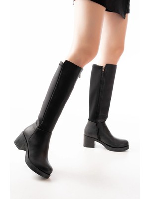 Pazarcan 5109-3060 Siyah Topuklu Fermuarlı Günlük Kadın Çizme