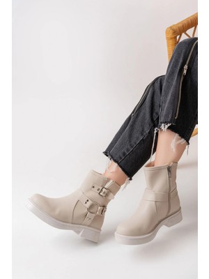 Pazarcan 02-2013 Bej Toka Aksesuarlı Fermuarlı Günlük Kadın Bot