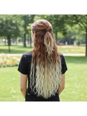 Pazarcan Fiber Sentetik Kabarık Dalgalı Yarım Ay + 2 Yan Çıt Çıt / Koyu Kumral Platin Ombreli