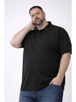 Pazarcan Erkek Pike Kumaş Düğmeli Yaka Battal Büyük Beden Günlük Kısa Kol Tişört T-Shirt - Siyah