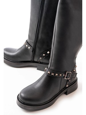 Pazarcan 02-307 Siyah Düz Topuklu Günlük Bayan Binici Çizme