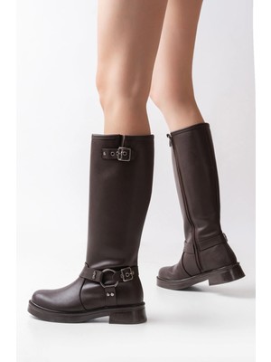 Pazarcan 02-312 Kahverengi Toka Aksesuarlı Fermuarlı Günlük Kadın Çizme