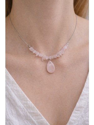 Pel Design Pembe Kuvars Çelik Kolye El Yapımı