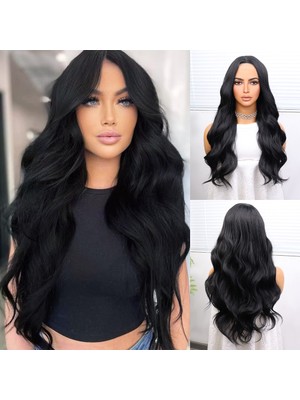 Pazarcan Uzun Siyah Su Dalgalı Fiber Sentetik Tül Peruk