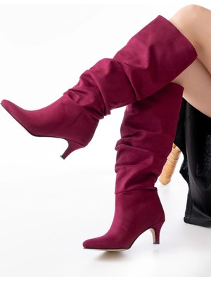 Pazarcan SR-2001 Bordo Süet Ince Topuklu Günlük Bayan Çizme