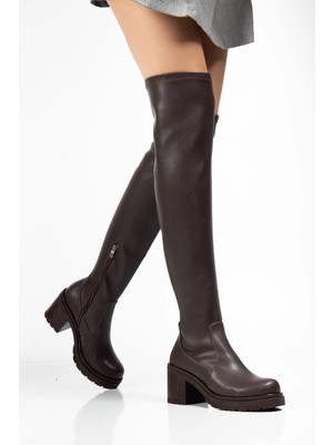 Pazarcan 767-3010 Kahve Streç Günlük Kalın Topuklu Kadın Çizme