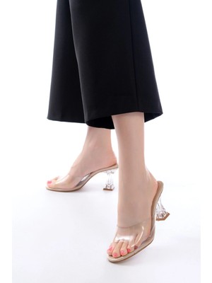 Pazarcan S-619 Bej Rugan Şeffaf Bantlı Şeffaf Topuklu Yuvarlak Burunlu Kadın Terlik