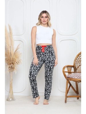 Pazarcan Viskon Likralı Alt Pijama Süzgülü Siyah Baskı Desenli Q6018