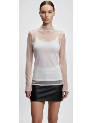 Moda Nur Modanur Toz Pembe Renk, Likralı ,transparan Tül Bluz. S Beden