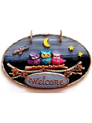 Renkli Baykuşlu Welcome Yazılı El Yapımı Kapı Süsü
