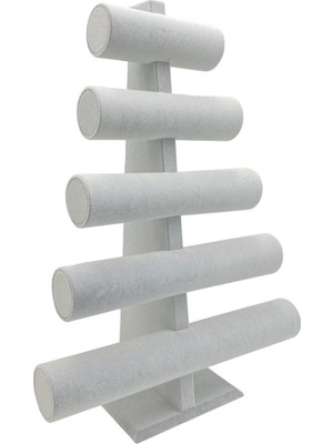 5 Kademeli Gri Takı ve Bileklik Standı, Kumaş Kaplama, Şık ve Fonksiyonel