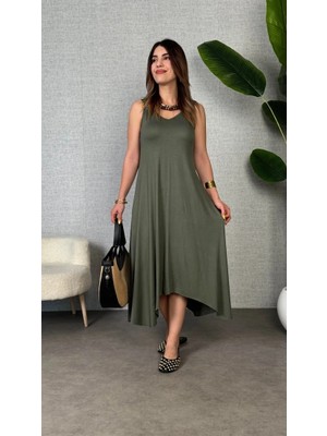 Pazarcan Kadın Çan Dokuma Kumaş V Yaka Asimetrik Kesim Elbise