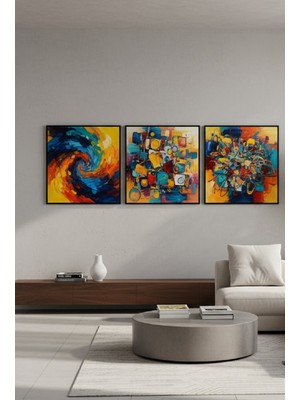 Safir Design Lüks Mavi ve Turuncu Soyut Kare Formlu Duvar Sanatı | Modern Çerçeveli Tablo