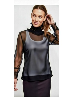 Moda Nur Modanur Siyah Renk, Likralı ,transparan Tül Bluz. Xl Beden