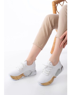 Pazarcan RS-400 Beyaz Bağcıklı Fileli Renkli Taban Günlük Kadın Spor