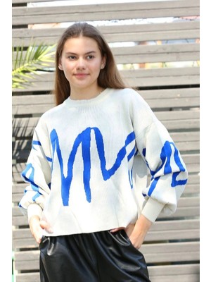 Pazarcan Çizgili Bisiklet Yaka Kazak Beyaz