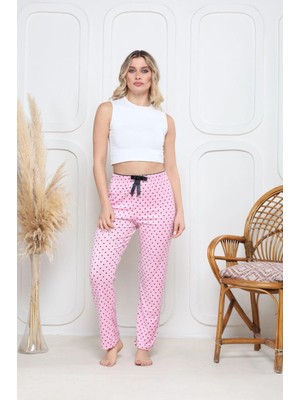 Pazarcan Kadife Pijama Altı Pembe Üzerine Siyah Pontiye Desenli Q7013