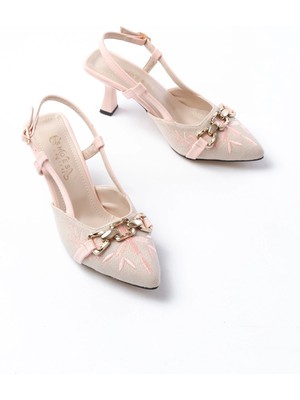 Pazarcan K-250 Pudra Keten Günlük Arkası Açık Tokalı Topuklu Kadın Ayakkabı