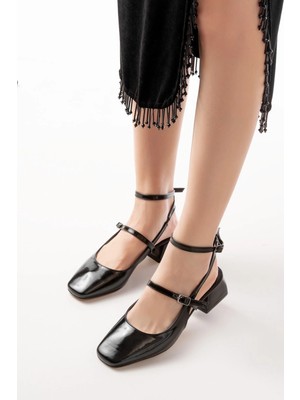 Pazarcan ST-003 Siyah Rugan Günlük 4 cm Topuklu Bayan Ayakkabı
