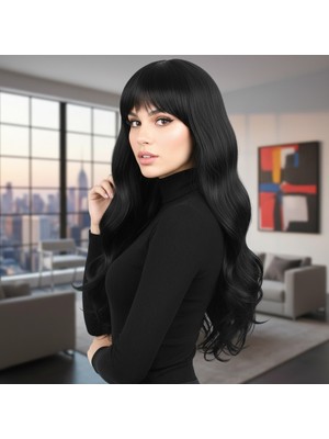 Pazarcan Kahküllü Uzun Dalgalı Fiber Sentetik Peruk / Siyah