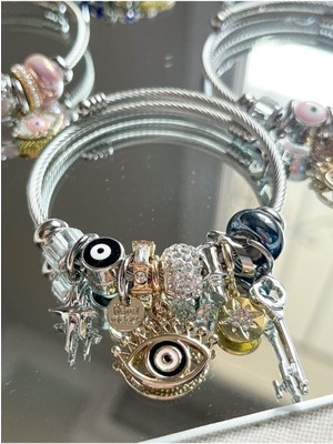 Normadia Lacivert Nazar ve Anahtar Detaylı Ayarlanabilir Çelik Bileklik, Özel Kutulu