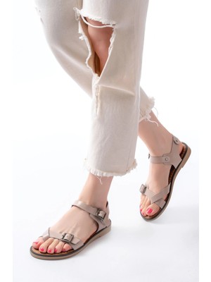 Pazarcan 205-091 Bej Ortopedik Hakiki Deri Kadın Sandalet