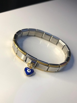 Normadia Nazar Boncuklu Kalp Detaylı Şık Çelik Bileklik, Sevgili ve Eşe Hediye