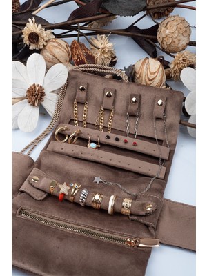 Katlanabilir Takı Düzenleyici ve Seyahat Çantası Koyu Kahve Renkli Kompakt Tasarım Aksesuarlar İçin