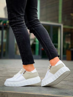 Pazarcan KB-X155 Kuback Beyaz Cilt Gri Süet Detaylı Beyaz Yüksek Taban Günlük Spor Ayakkabı