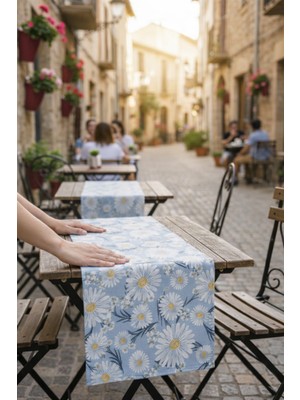 Rona Home Gri Papatyalı Dekoratif Runner Ranır - Premium Kalite Leke Tutmaz Kumaş Salon Masası Ranır Runner