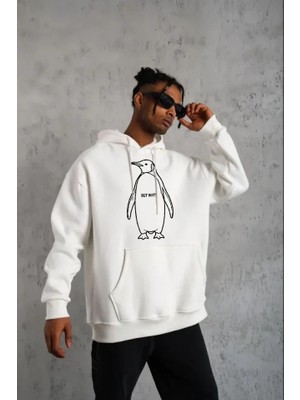 Pazarcan Erkek Nihilist Penguen Özel Tasarım Oversize Kapüşonlu Sweatshirt - Beyaz