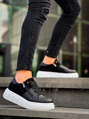 Pazarcan KB-X155 Kuback Siyah Cilt Siyah Süet Detaylı Beyaz Yüksek Taban Günlük Spor Ayakkabı