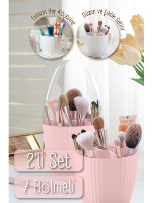 Pembe 2'li Fanus Kapaklı 7 Bölmeli Makyaj Organizer Seti
