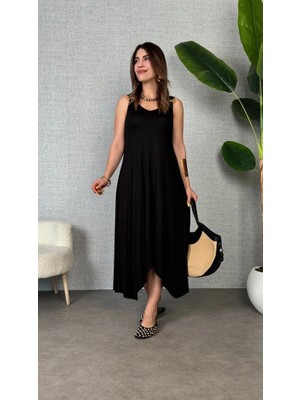 Pazarcan Kadın Çan Dokuma Kumaş V Yaka Asimetrik Kesim Elbise