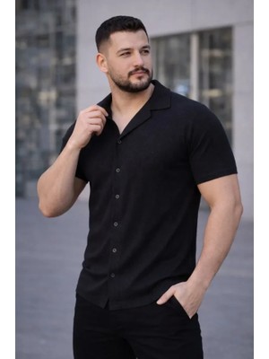 Pazarcan Erkek Waffle Kumaş Kısa Kollu Düğmeli Açık Yaka Regular Gömlek - Siyah